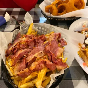 Pastrami fires and onion rings.