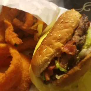 The Burger Boys Bacon Avocado Cheese Burger with Zucchini frys and Onion rings