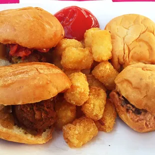 Falafel slider, tater tots, and Chipotle burger - Served cold! Not good