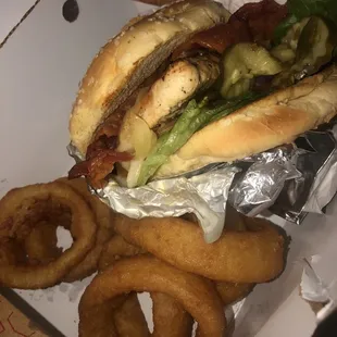 Chick-N-Bacon on Brioche w/ Onion Rings instead of wavy fries. $1.29 up charge.