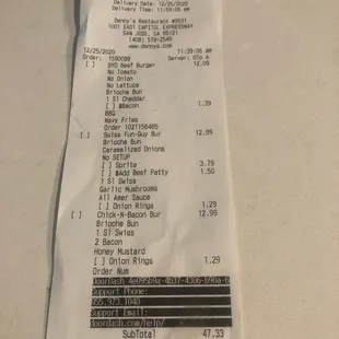 the receipt for the burger den