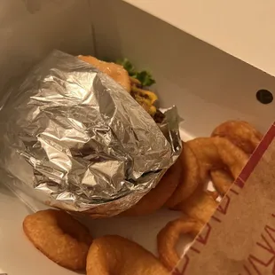 Burger and onion rings