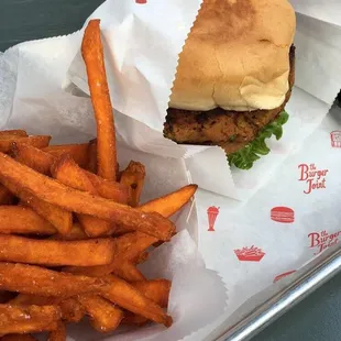 Veggie burger and sweet potato fries!!!