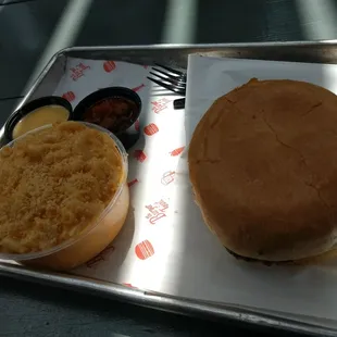 Mac and cheese with chili cheese burger