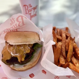 Classic burger (add bacon and American cheese) and sweet potato fries