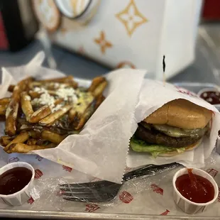 Cheesy fries and impossible mushroom burger