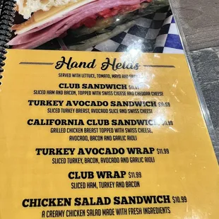 a menu for a sandwich