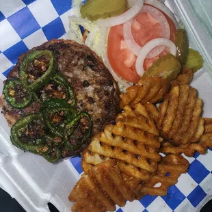 Black bean burger and waffle fries