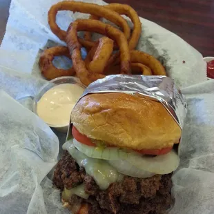 Build your own 1/2lb ground chuck with onion rings and their Chipotle ranch.