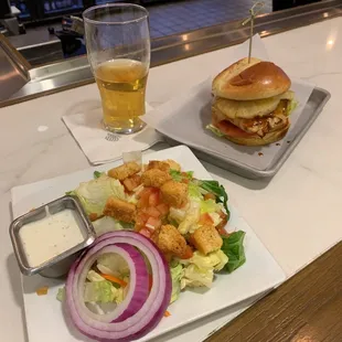 Mango beer with house salad and Teriyaki chicken burger