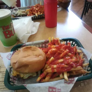 Cheeseburger and fries extra ketchup