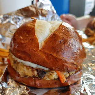 Build your own veggie burger on a pretzel bun