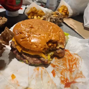 After I ate my cheeseburger really tried to eat the BBQ bacon cheeseburger