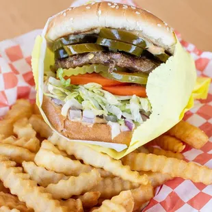 a hamburger and french fries