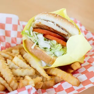 a basket of fries and a sandwich