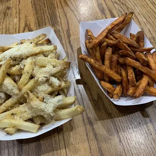 Garlic Parmesan Fries (left) and Sweet Potato Fries (right)