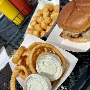 Onion Rings, Tater Tots and chicken mushroom Swiss  homemade ranch dressing rocks!