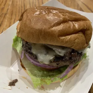 Swiss and Mushroom Burger (added lettuce, tomato, onions)