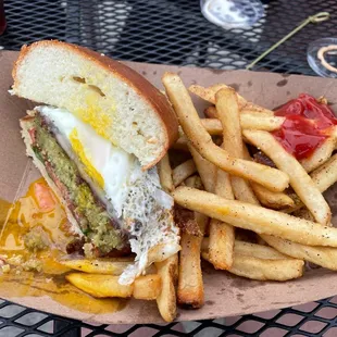 Falafel burger on brioche with egg.