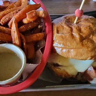 Grilled chicken sandwich (Barnyard Bash), honey mustard dressing, sweet potato fries