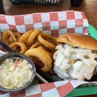 Mushroom Swiss burger and onion rings