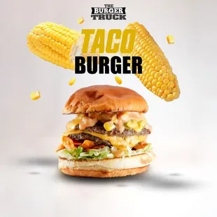 a taco burger with corn on the cob
