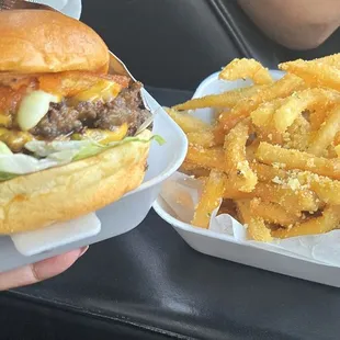 Cheese curd burger with lettuce and specialty sauce added and a SMALL garlic parmesean fry