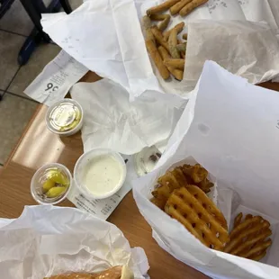 Jalapeño Swiss burger and waffle fries