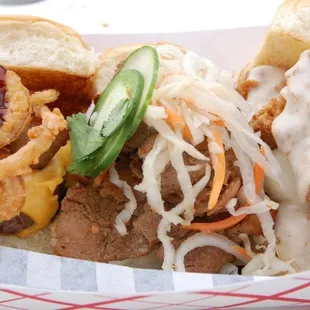 Western Burger Left Side, Vietnamese Pork Middle, Fried Chicken Right