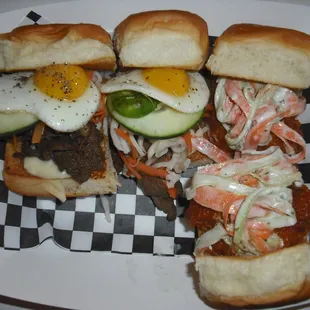 2 Vietnamese Pork sliders with quail egg; 2 Buffalo Chicken slides