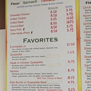 Classic Burrito &amp; Favorites Menu