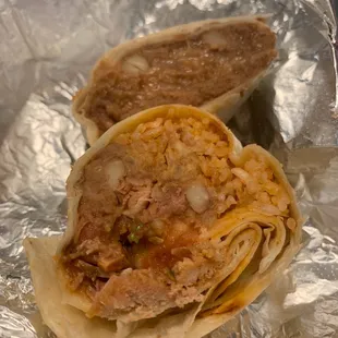 Bean and cheese burrito; carnitas/spicy pork burrito