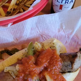 a hot dog and french fries