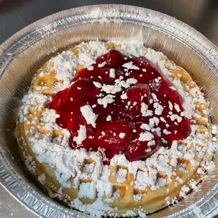 Our delicious Strawberry Funnel Cake Waffle!