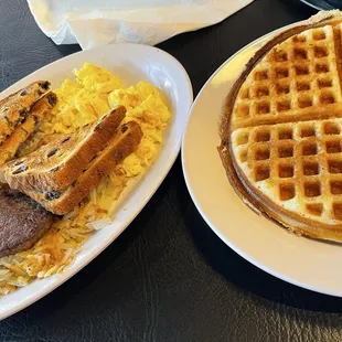 The bussin meal- waffles, scrambled eggs, sausage patty, hash browns, raisin toast