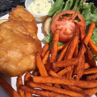 Walleye Sandwich, sweet potato fires, seasoned sour cream
