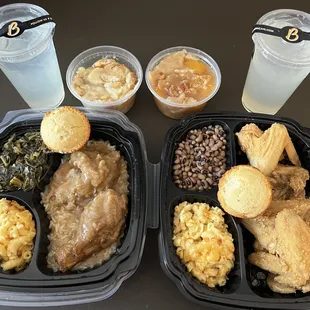 Fried Chicken (Two Piece) with Rice &amp; Gravy Fried Chicken (Six Wings)  Baked Macaroni &amp; Cheese Peach Cobbler Lemonade Cornbread Muffin