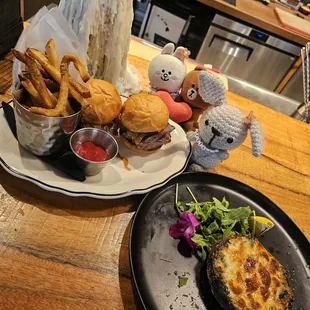 Tenderloin Sliders with House cut fries; and Stuffed Portobello mushroom