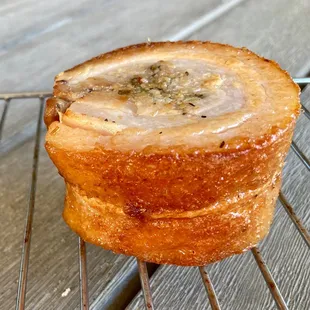 Pork belly porchetta, cooked 36 hours sous vide at 155 degrees, hot oil finish