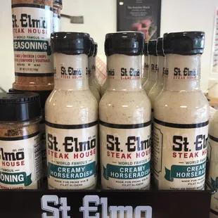 a display of st elm's steak steak sauces