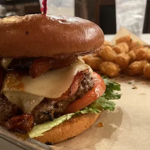 The new bourbon burger and tatertots! Delicious!