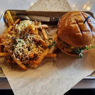 Bacon onion jam smash burger with parmesan truffle fries