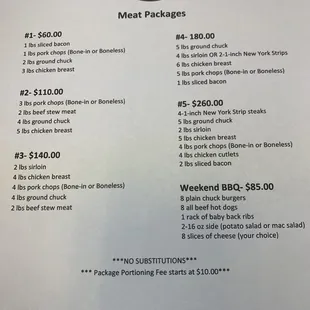 Meat package menu