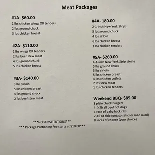 Meat package menu (pork excluded)