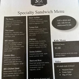 Sandwich menu