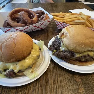 Double Bacon Cheeseburger, California Burger, fries and Onion Rings