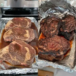 steaks in foil on the counter