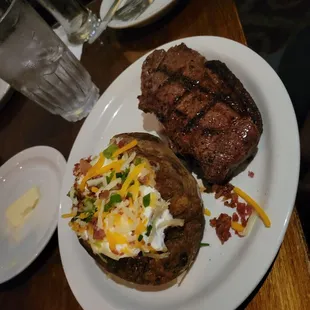 New York strip (with gristle) and loaded potato