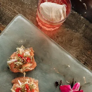 Seared Salmon Sashimi and our craft cocktails.