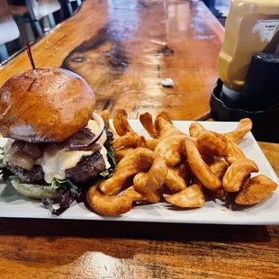 Burger with beer cheese and fries